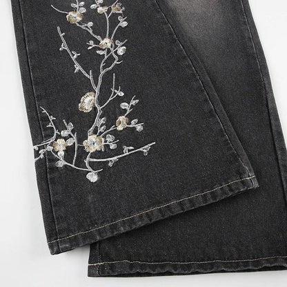 Floral Embroidery Jeans Women Y2K Streetwear Baggy Denim Pants Vintage 2000S Low Rise Flared Jeans Female High Street Trousers