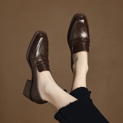 2026 New Spring Genuine Leather Women Shoes Round Toe Women Pumps Brogue Designs Shoes for Women High Heel Loafers Ladies Shoes