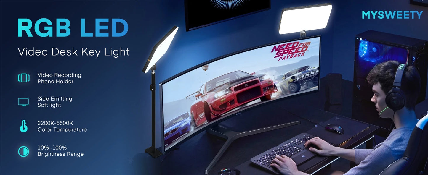 LED Desk Bi-Color Video Light RGB Streaming Key Light with Remote Control Dimmable Studio Light with Phone Holder Desk Stand
