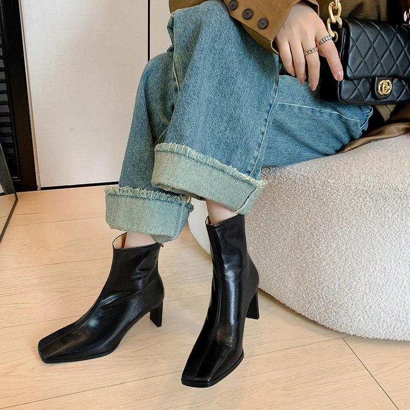 JOZHAMTA Size 34-43 Women Ankle Boots Real Leather Thick High Heel Shoes Fall Winter 2025 Casual Office Lady Dress Short Booties