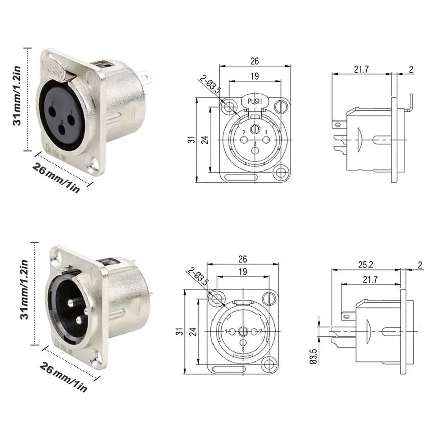 JCD XLR 3pin Male Female Panel Audio Microphone Mixer Plug Jack Connector YS145 YS146 Male Female 3 Core XLR Metal Socket