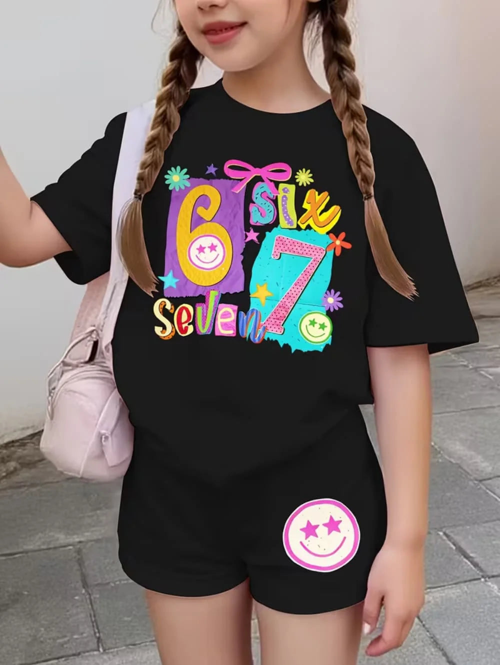 67 Six Seven Girls Clothes Cute Bows Flowers Print Girls Short Sleeve T-Shirt + Pants Set Casual Fashion Children's Clothes Tops