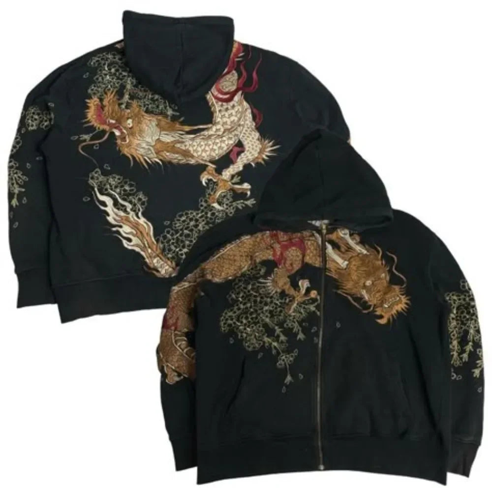 American Retro Sakura Dragon Graphic Zipper Hoodie Y2K Clothes Men Women Hip Hop Retro Casual Oversized Hoodie Jacket