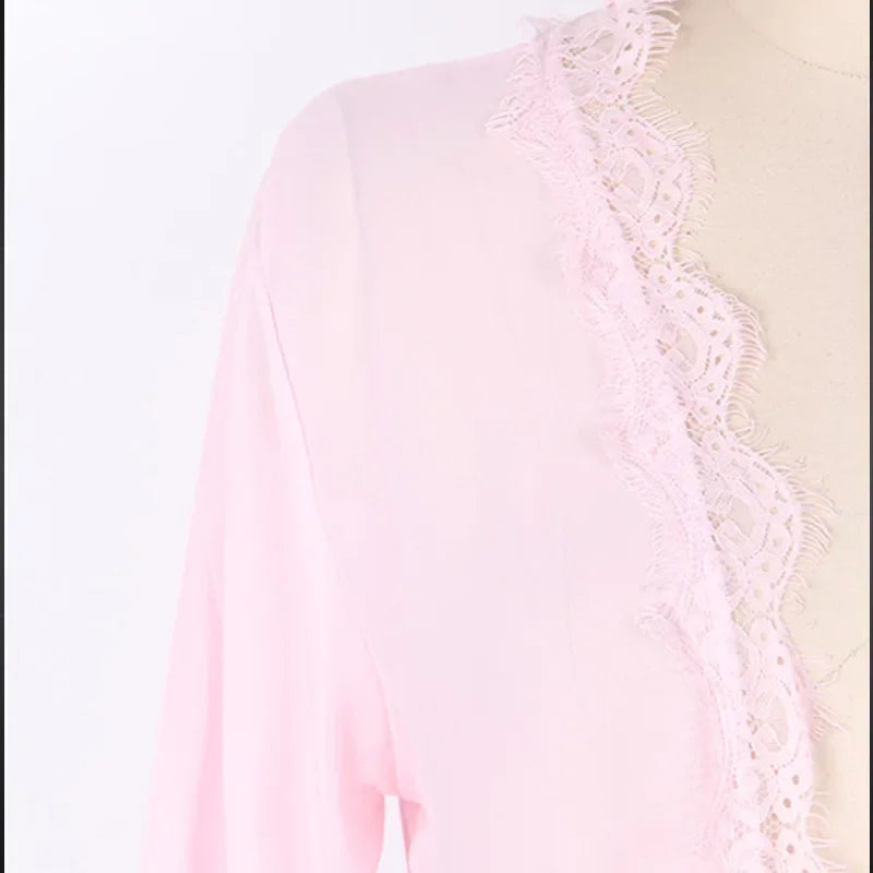 Women's Sheer Lace Kimono Robe, Long Sleeve V-Neck Belted Soft Bridal Wedding Lingerie Nightwear Multi-color