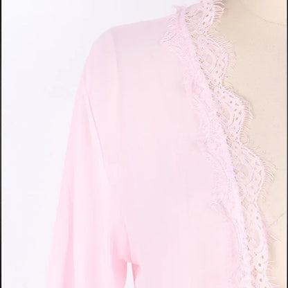 Women's Sheer Lace Kimono Robe, Long Sleeve V-Neck Belted Soft Bridal Wedding Lingerie Nightwear Multi-color