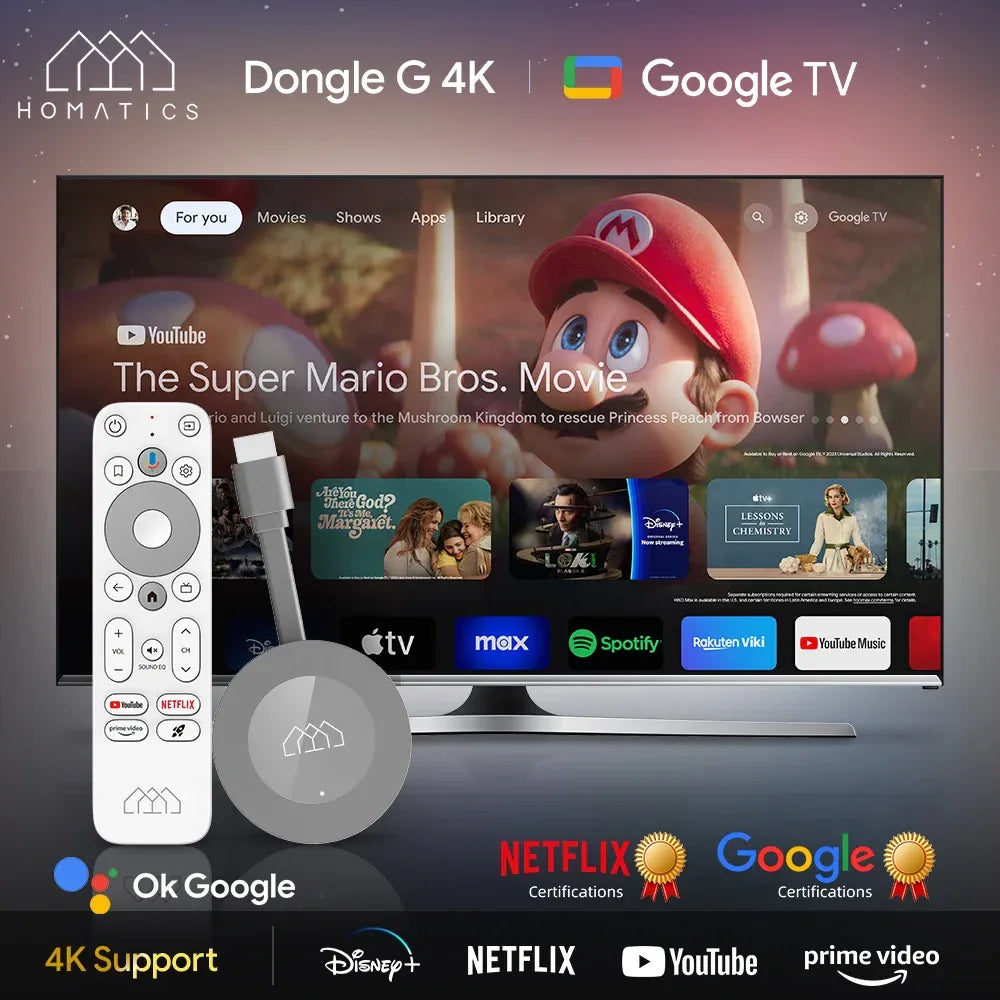 HOMATICS Dongle G 4K Google & Netflix Certified TV Stick 2GB 32GB Google TV 11 OS Amlogic S905Y4 Support AV1 4K H.265 Dolby Atmo