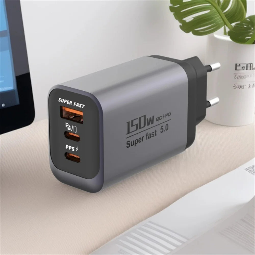 150W Fast Charger 3 Ports USB C PD3.0 QC3.0 Super Fast Wall Adapter for iPhone 17 16 Pro Samsung S24 Xiaomi 15 Huawei EU UK US