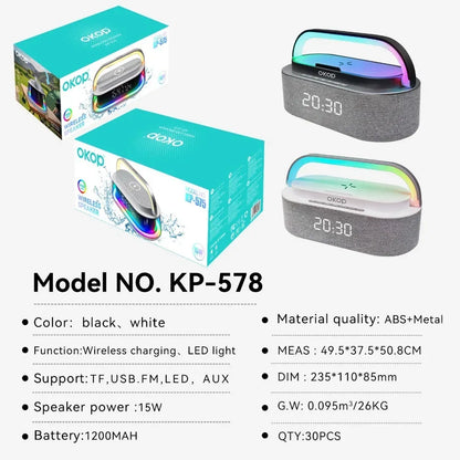 OKOP Bluetooth Speakers,6 in 1 Multi-function,Alarm Clock, Wireless Charger RGB Night Light , Audio,portable Speaker,White Noise