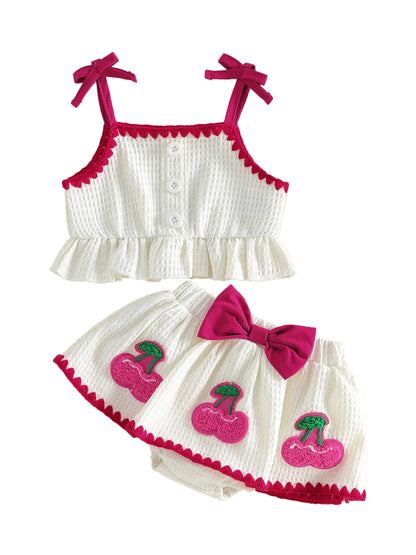 Sweet Baby Girl Summer Outfit Contrast Trim Ruffled Hem Cami Tops Cherry Applique Bow Skorts 2 Piece Girls Set