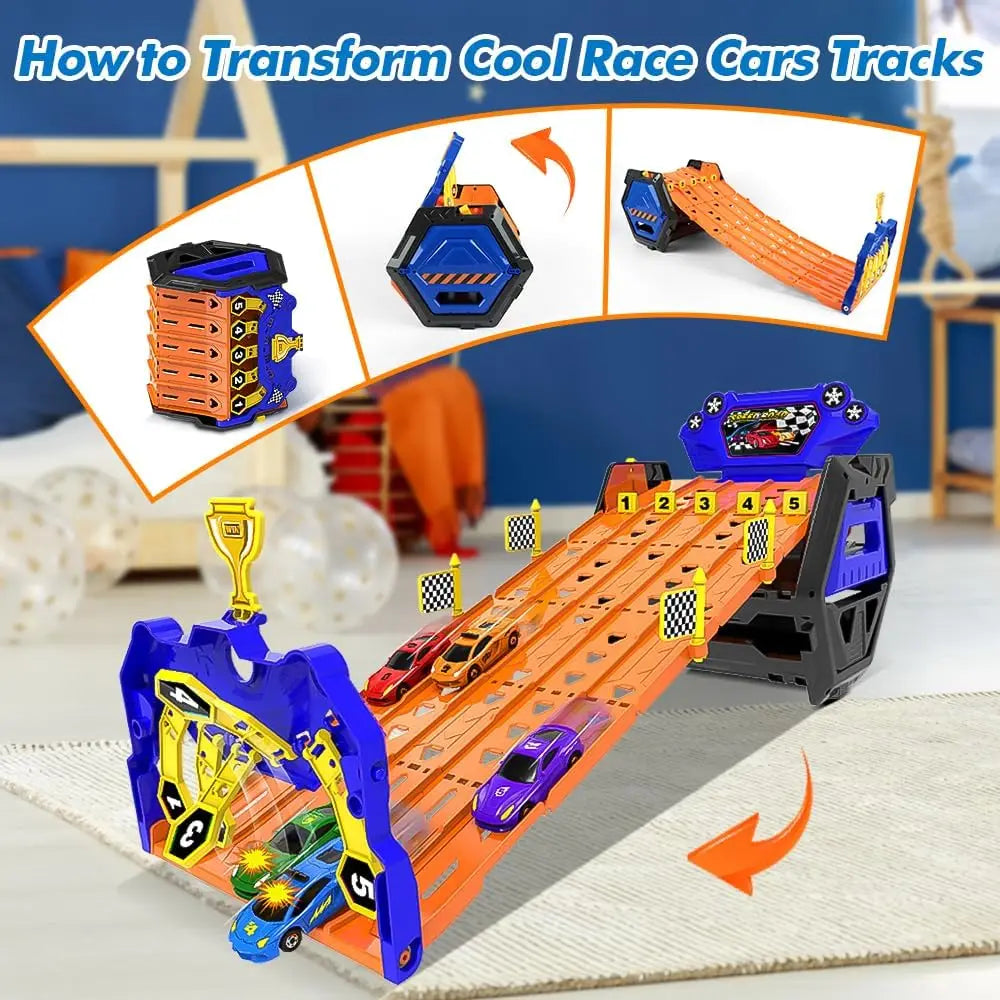 VATOS Upgraded 5 Tracks Truck Toy Cars for Boys Portable Race Track Truck Toy 5 Race Cars Carrier Vehicles Set for Kids Girls