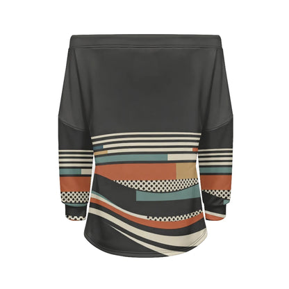 Trendy Off-Shoulder Sweatshirts with Striped & Polka Dot Patterns Drawstring Casual Loose-Fit Top for Women Casual Streetwear