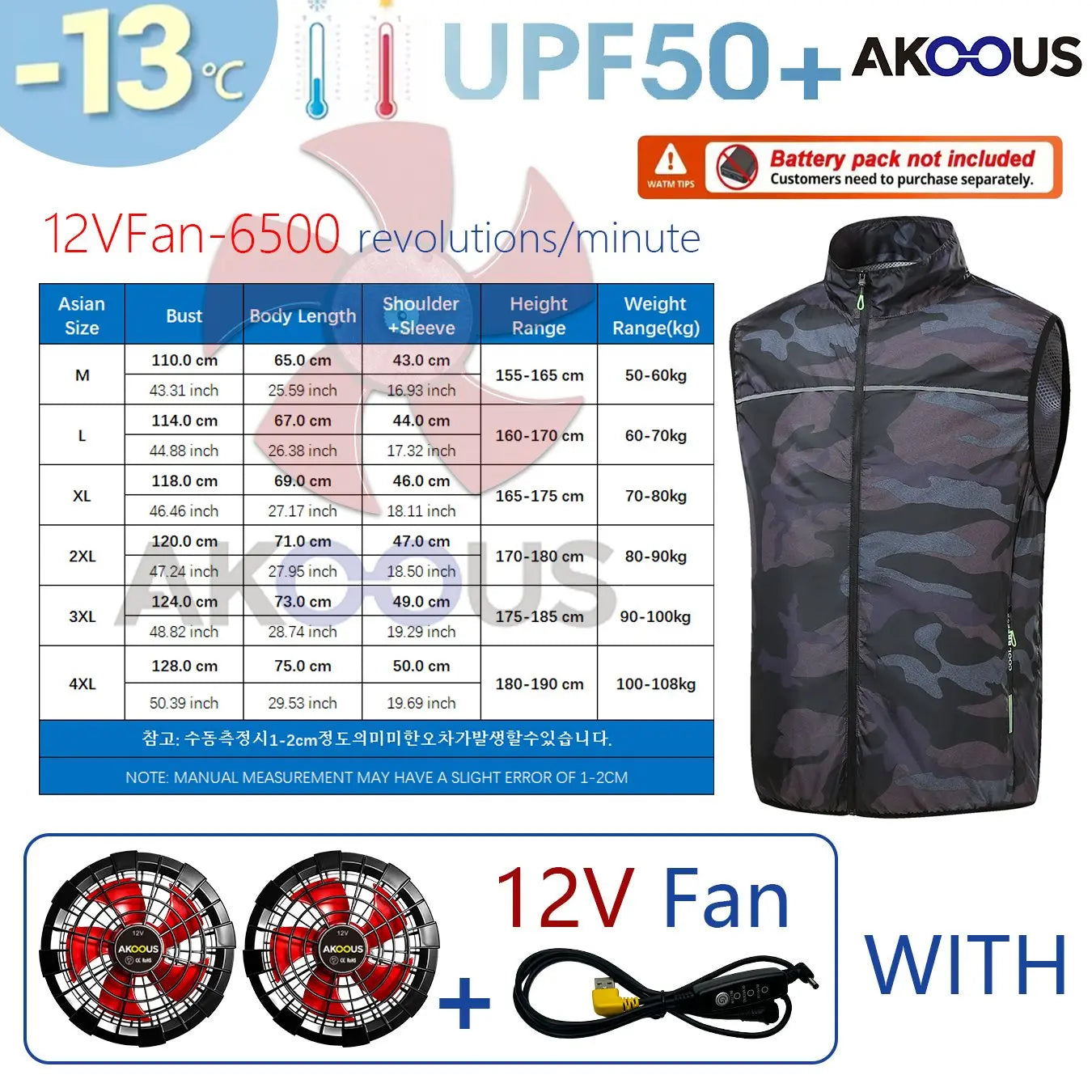 AKOOUS 12V/5V USB 4 Fans Cooling Vest Men Wearable Air Conditioned Clothes for Outdoor Work Fishing Hiking Loose Cool Vest