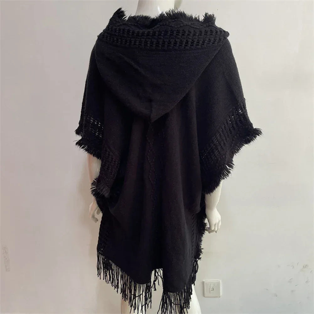 Women Knitted Cape Shawl Wrap Cloak Ethnic Hooded Poncho Hoody Jumper Sweater Tassels Dropshipping