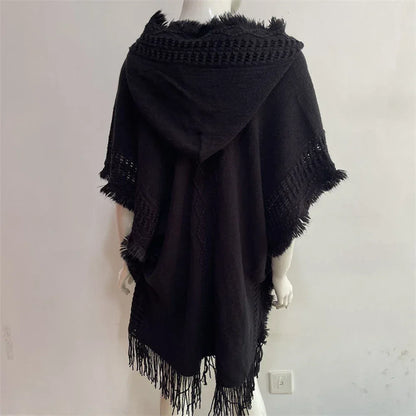 Women Knitted Cape Shawl Wrap Cloak Ethnic Hooded Poncho Hoody Jumper Sweater Tassels Dropshipping