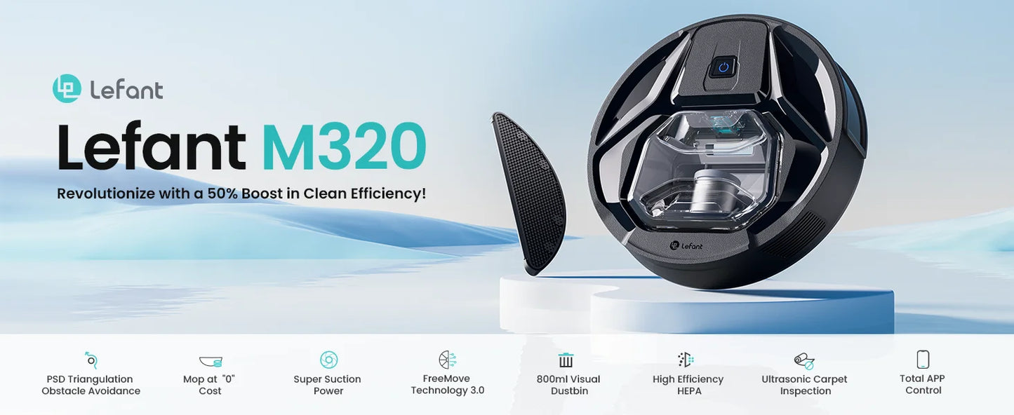 Lefant M320 cordless Robot Vacuum Cleaner and mop, 6000Pa ,210 Mins Runtime,Self-Charging,Ideal for Hard Floor, Pet Hair,Carpet
