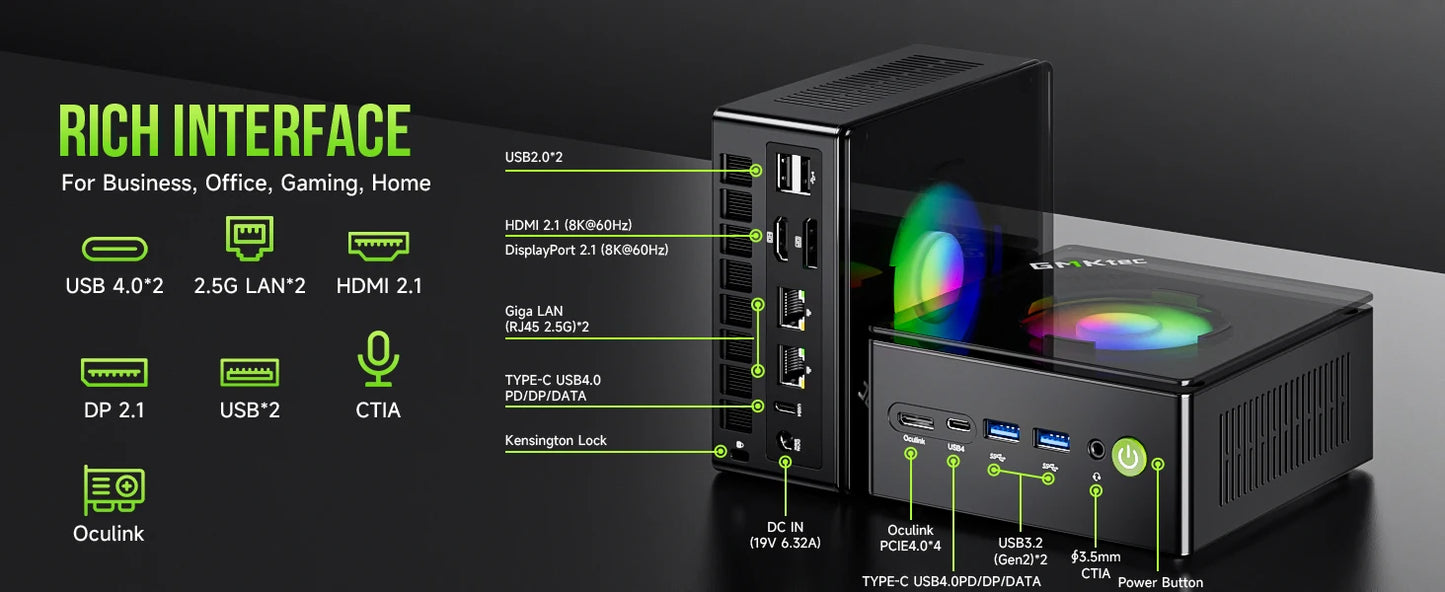 GMKtec Mini PC K11 K8 PLUS M7 AMD Ryzen R9 8945HS R7 8845HS 6850H Windows 11 WiFi6 2*DDR5 USB4.0 2.5G LAN OCulink Gamer Computer