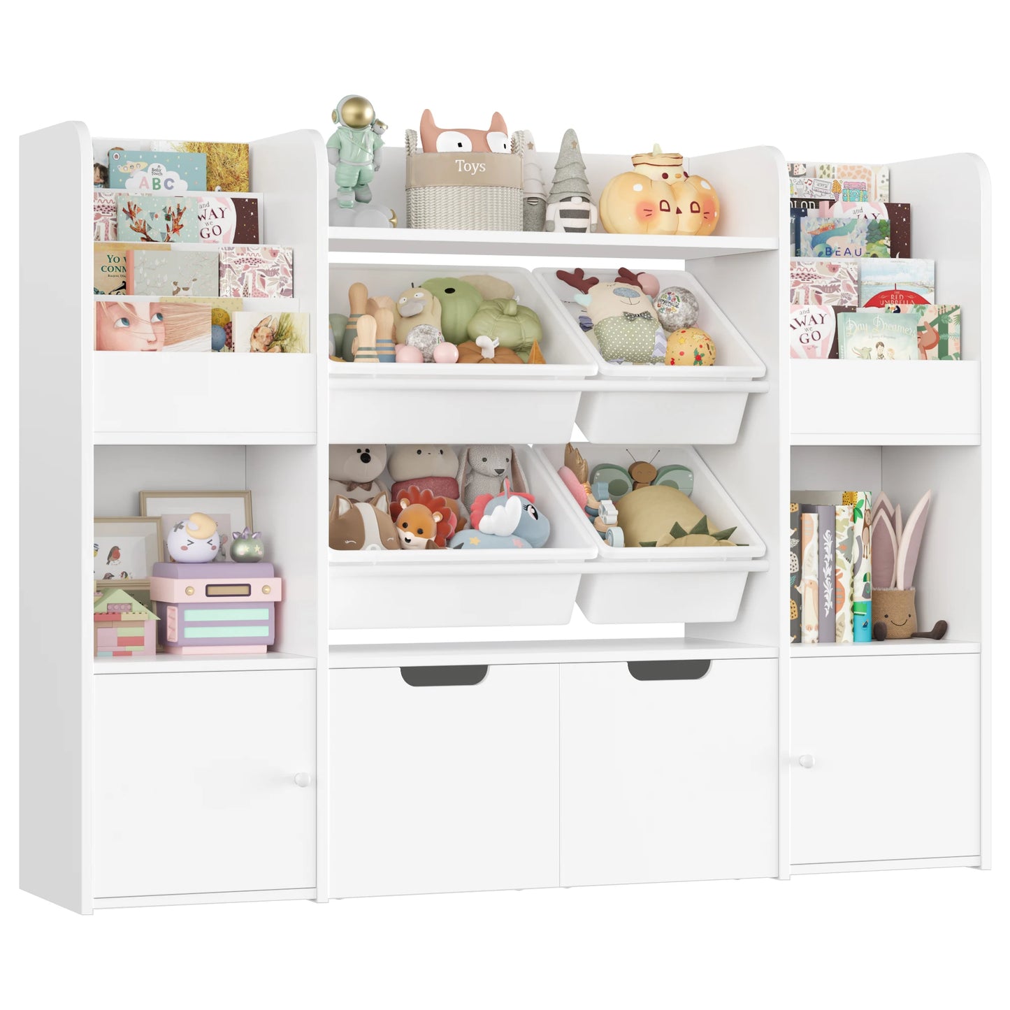 Getone Toy Storage Unit Children's Bookshelf Kid's Room Furniture Bookcase with 4 Boxing 2 boxing rolls 13 shelves 126x30x104cm