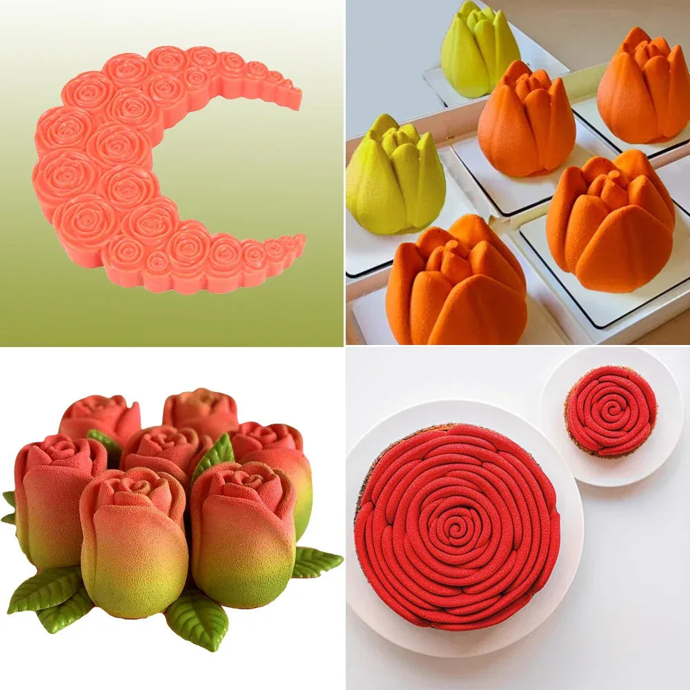 French Mousse Cake Molds Valentine's Day Pastry Baking Tools Rose Bud Design Silicone Cake Moulds Food Grade Kitchen Bakeware