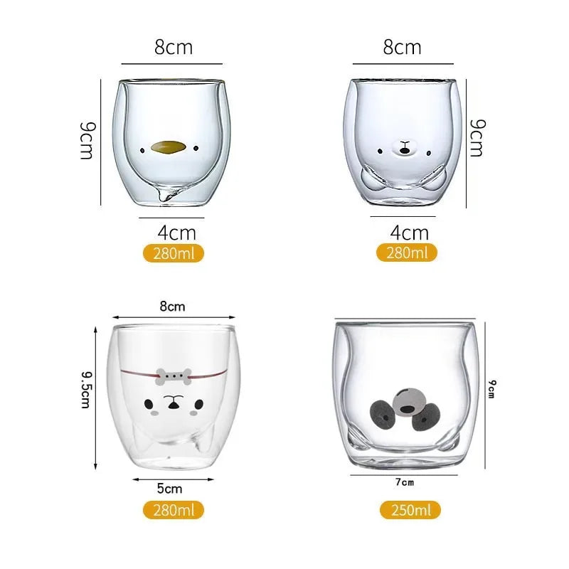 280ML Double Glass Cup Coffee Mug Bear Cat Dog Animal Transparent Cute Milk Juice Tea Drinking Cups Birthday Party Wine Glasses