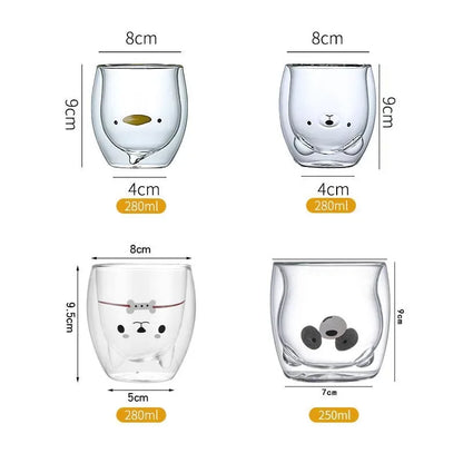 280ML Double Glass Cup Coffee Mug Bear Cat Dog Animal Transparent Cute Milk Juice Tea Drinking Cups Birthday Party Wine Glasses
