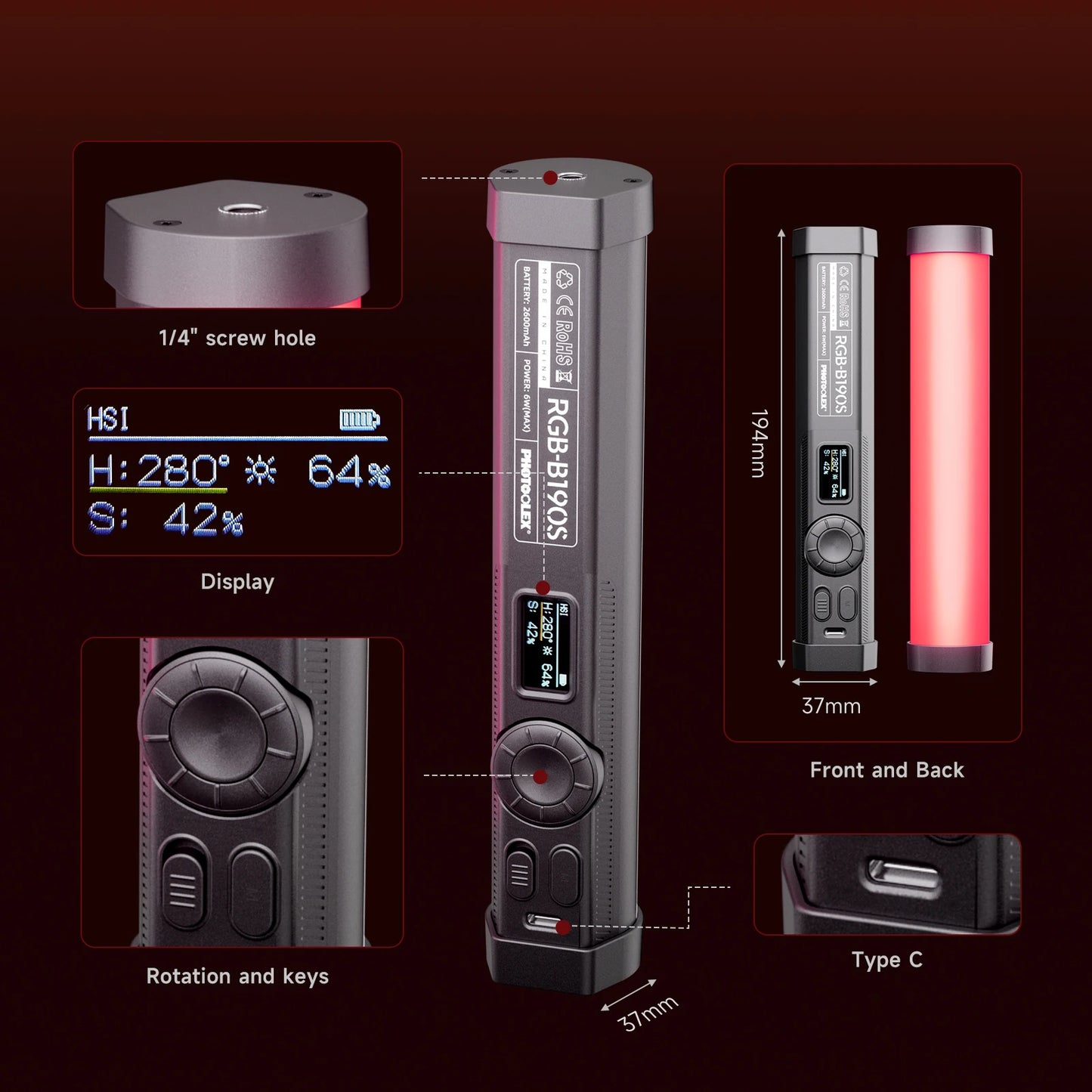 PHOTOOLEX RGB Video Light Handheld Magnetic Tube Light Design  2500K-9000K Photography Studio Lamp 12 Light Effects LED Tube