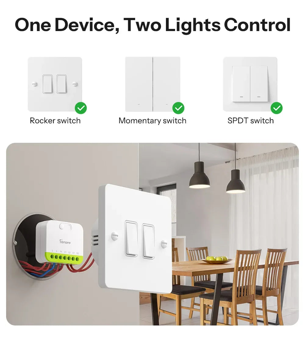 SONOFF MINI DUO 2-Gang Zigbee Smart Switch MINI-ZB2GS Small & Safe Dual-Load Control Supports External Switch Require zigbee hub
