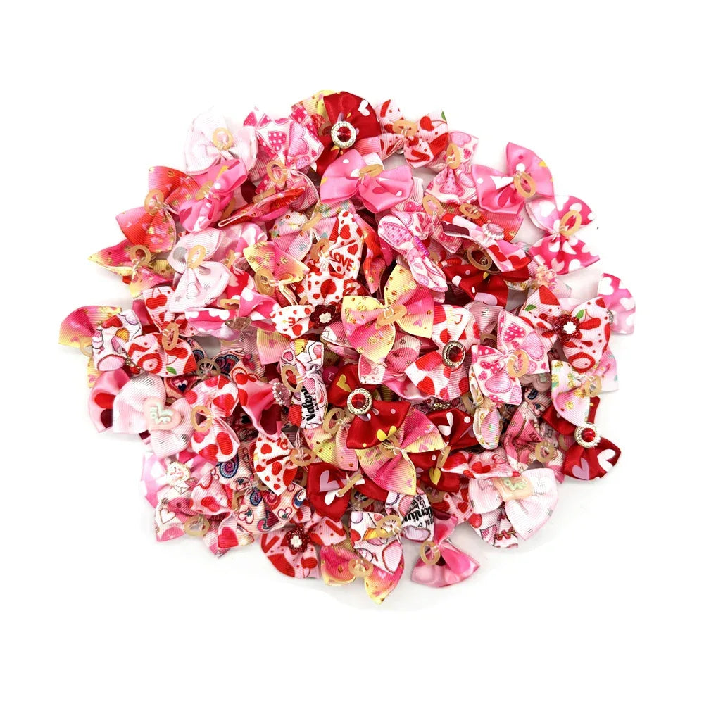 50/100pc Valentine's Day Dog Hair Accessories Diamond Dog Hair Bows Pink Love Style Pet Dog Ribbon Bow Rubber Bands Dog Supplies