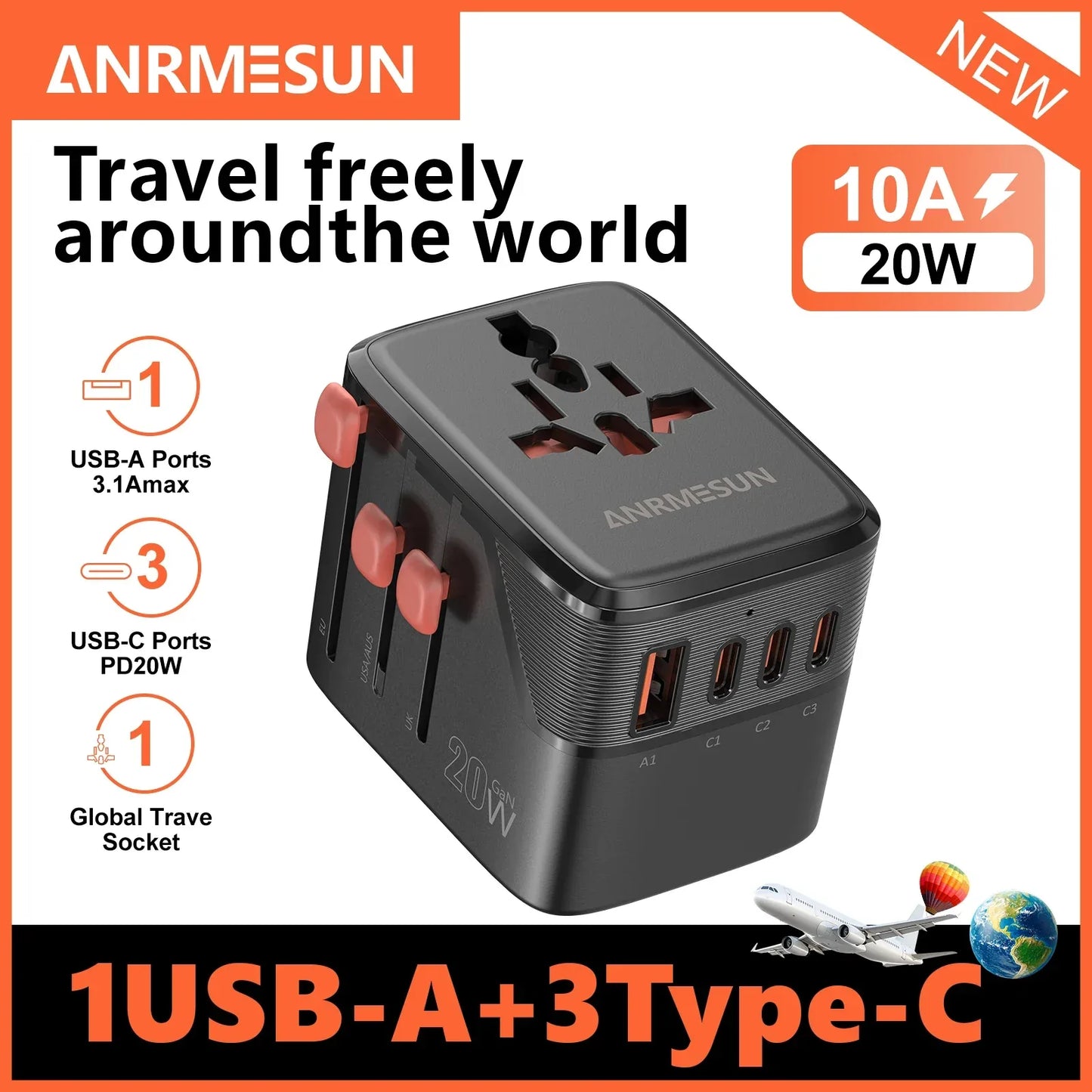 65W/45W/25W GaN Universal Travel Adapter with 2 USB 2 Type C Fast Charging All-in-one Travel Charger EU/UK/USA/AUS for Travel