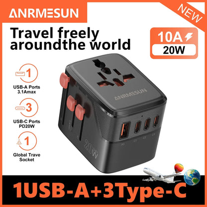 65W/45W/25W GaN Universal Travel Adapter with 2 USB 2 Type C Fast Charging All-in-one Travel Charger EU/UK/USA/AUS for Travel