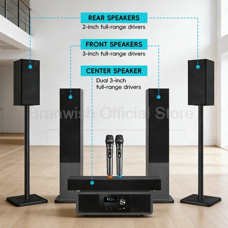 5.1 Channel Home Theater System 200W Peak Power Subwoofer Bluetooth 5.0 Wireless Microphone Wall Mount Speakers For Home KTV