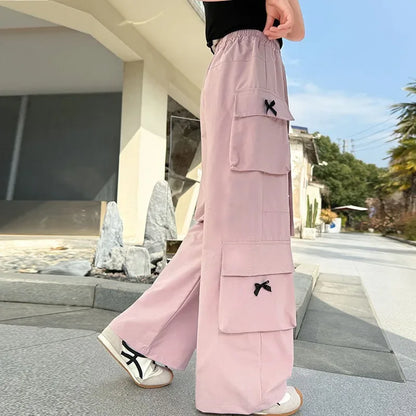 Kids Cargo Pants with Side Pocket for Tweens Girl High Fashion Hip Hop Bow Trousers Child Street  Pink Black Trackpants Hot Sell
