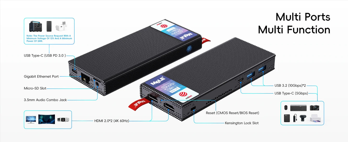 MeLE Fanless Mini PC Stick N100 8GB 128GB 256GB , Mini Computer Dual HDMI, WiFi5 Gigabit Ethernet, USB Type-C PD3.0 PCG02 Pro