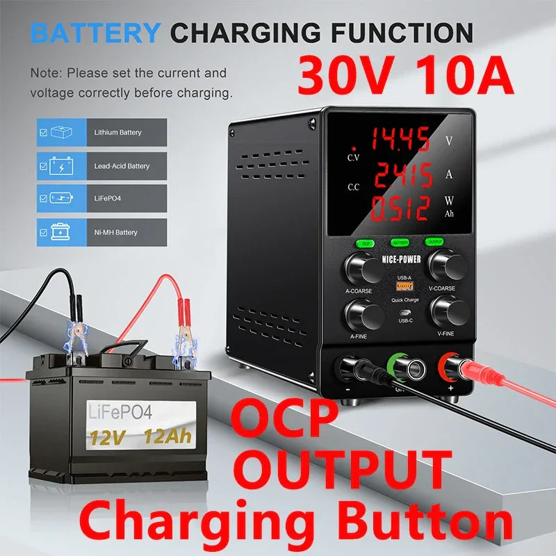 NICE POWER Adjustable DC Power Supply 12V/24V Lead-acid Battery Charging Auto-Stop When Full Reverse Polarity Protection Source