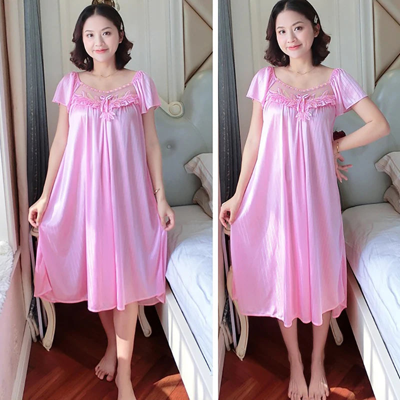 Women's Nightdress Loungewear Ladies Ice Silk Nightgowns Sleeping Dress Medium Length Short Sleeve Home Wear Pyjama Sleepwear