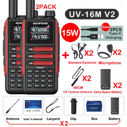 2Pack Baofeng 15W 50KM Waterproof Walkie Talkie 999CH AM FM 2-Way Radio Full Band LCD Screen Frequency Copy Noise Reduce UV16M
