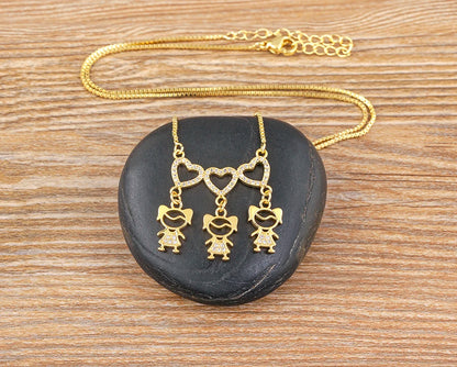 Nidin Exquisite Gold Plated Mom Daughter Necklace Girl Boy Pendant Chain Choker Cubic Zirconia Jewelry Mother's Day Gift