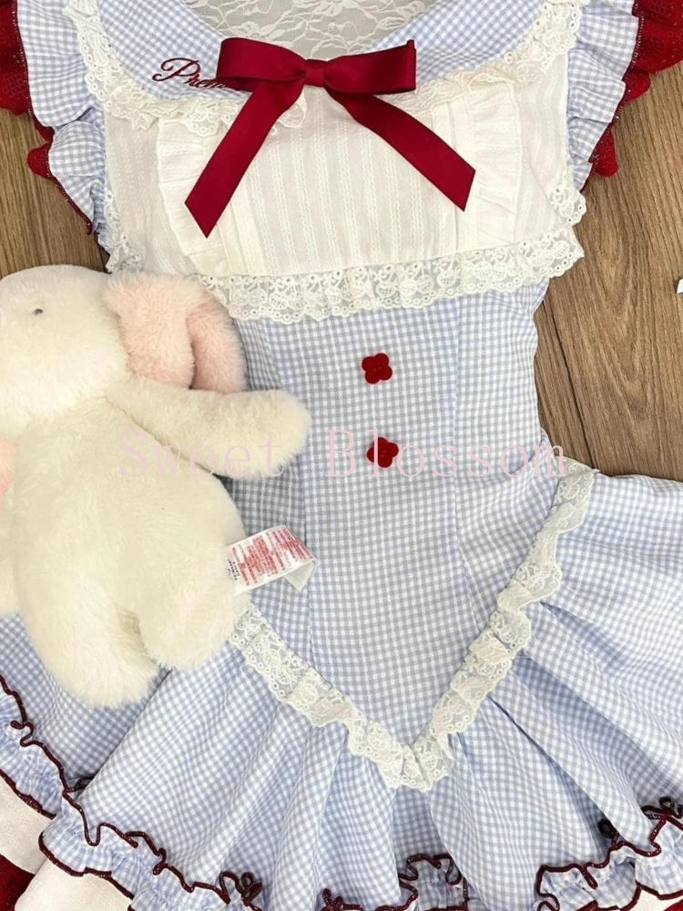 Japanese Sweet Plaid Lace Patchwork Dress Women New Design Slim Lovely Blue Summer Dresses Harajuku Kawaii Fashion Outfit 2025