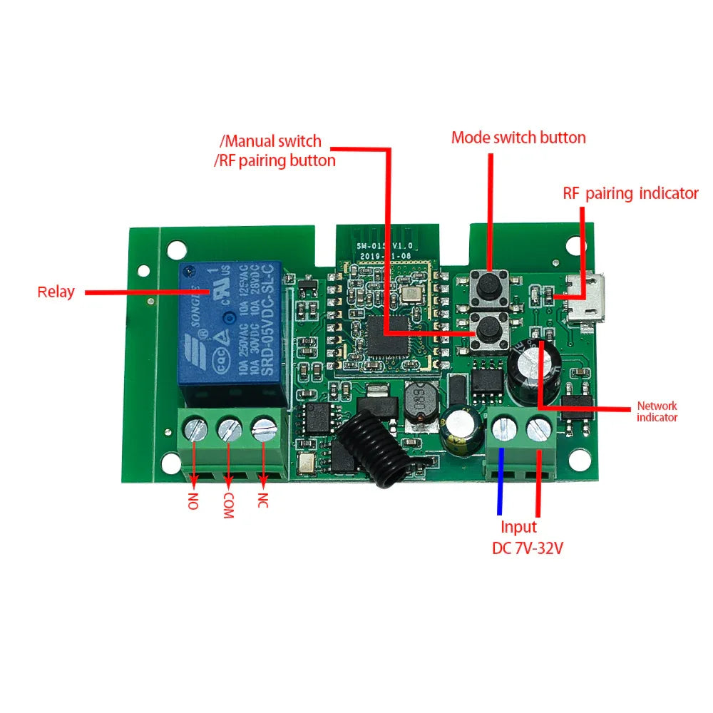 Zigbee Tuya 1CH Smart Relay Module Home Automation DC 5V 7-32V RF433Mhz Remote Control Motor Light Garage Switch Work With Alexa