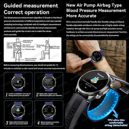 New Blood pressure Non-invasive Health Monitor Airbag Sports Smart Watches ECG+PPG Precise 1.43-inch AMOLED Calls Smartwatch NFC