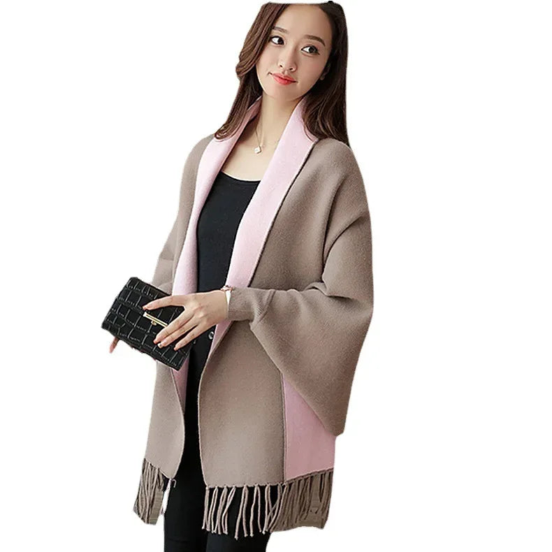 Autumn Winter Tassel Long Sweater Cardigans Casual Korean Long Sleeve Cloak Patchwork Knitwear Coats Outwaer LMFS-LM-8015