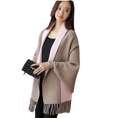 Autumn Winter Tassel Long Sweater Cardigans Casual Korean Long Sleeve Cloak Patchwork Knitwear Coats Outwaer LMFS-LM-8015