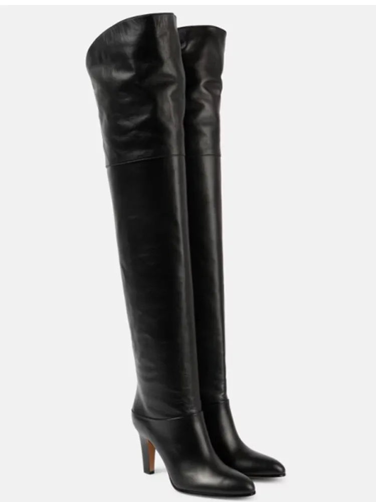 Autumn and Winter Women's Thick High-heeled Knee High Boots, Round Headed Cowhide Suede Fashionable Women's Plus Size Boots