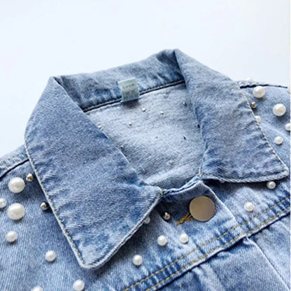 Pearls Beading Denim Jacket For Girls Fashion Coats Children Clothing Autumn Baby Girls Clothes Outerwear Jean Jackets Coat