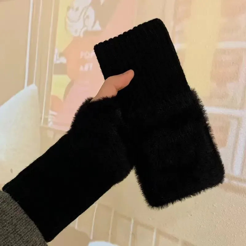 New Solid Color Plush Gloves Women in Autumn and Winter Warm Luxury Woolen Knitted Touch Screen Open Finger Half Finger Gloves