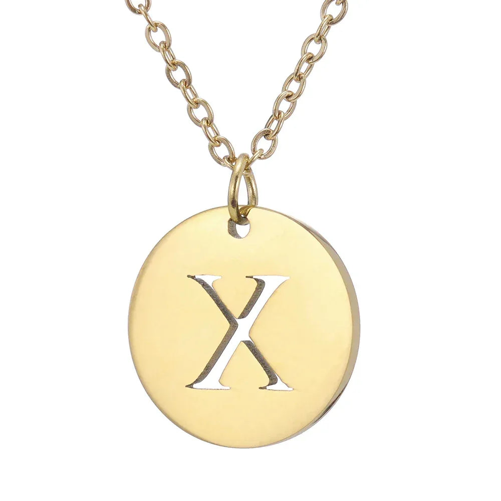 New Trend Stainless Steel Gold Silver Color Initials Necklace Hollow Round 26 Letter Pendant Necklace Jewelry Christmas Gift