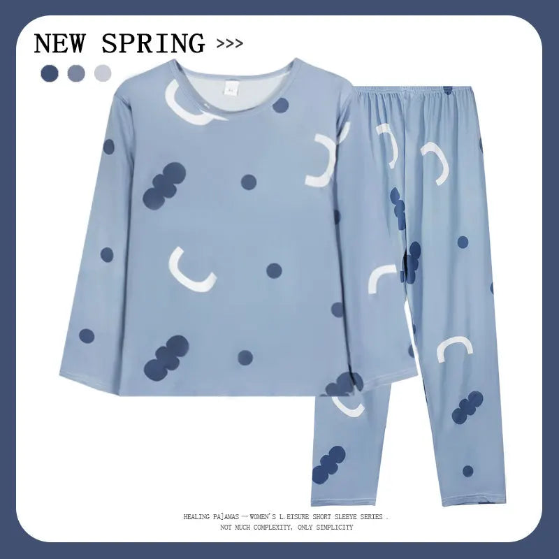 Long-Sleeved Pyjamas Women's Autumn and Winter Cotton Round Neck Fashion Soft Casual Breathable Cute Cartoon Loungewear Outside