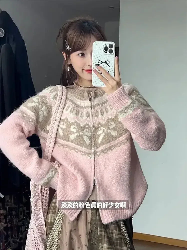 Cardigan Women Sweet Preppy Style Sweater Jacquard Knitted Soft Gentle Stylish Autumn Winter Outwear All-match Harajuku Chic