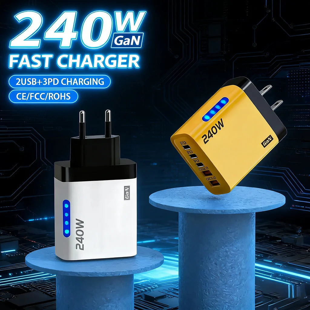 240W GaN Fast Charger 3 USB-C 2 USB-A Ports PD QC3.0 for iPhone 17 16 Galaxy S25 S24 Xiaomi 16 15 Huawei Mate 70 60 Oppo Vivo