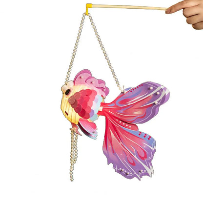 1 Set Goldfish Paper Lantern with Pole DIY Handmade Lantern Chinese New Year Mid-Autumn Festival Fish Night Light Material Bag