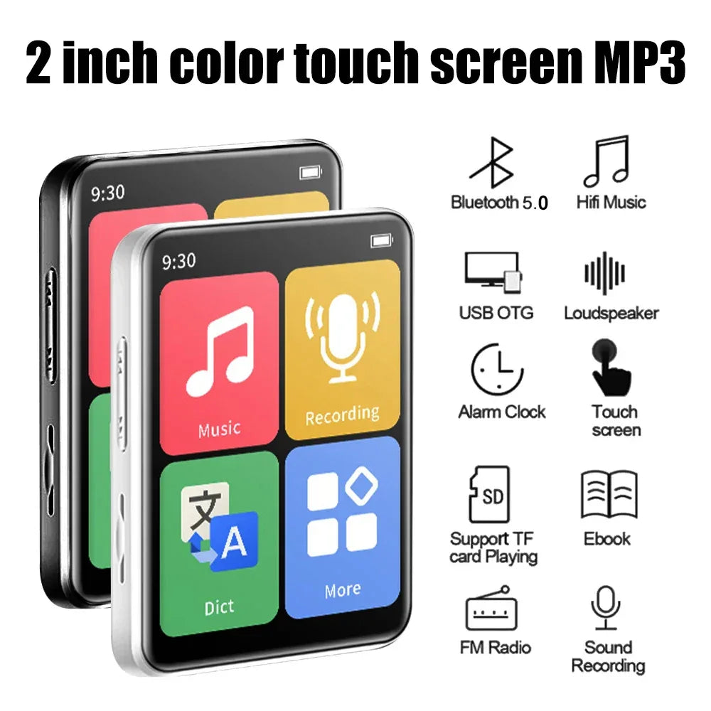 MP4 Player BT 5.0 Touch Screen Music Player Portable MP3 Player with Speakers FM Radio Recording E-Book 2-inch Screen